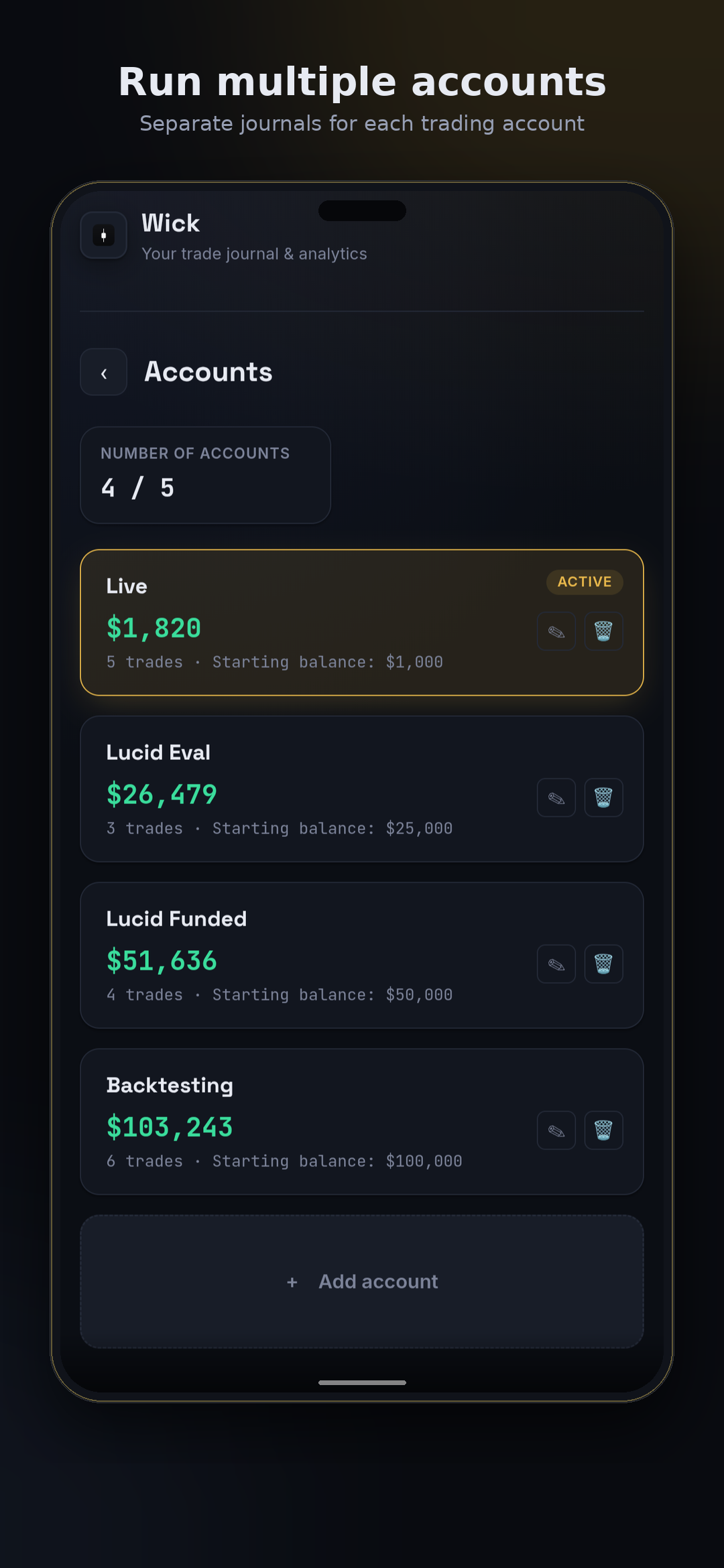 Wick accounts screen