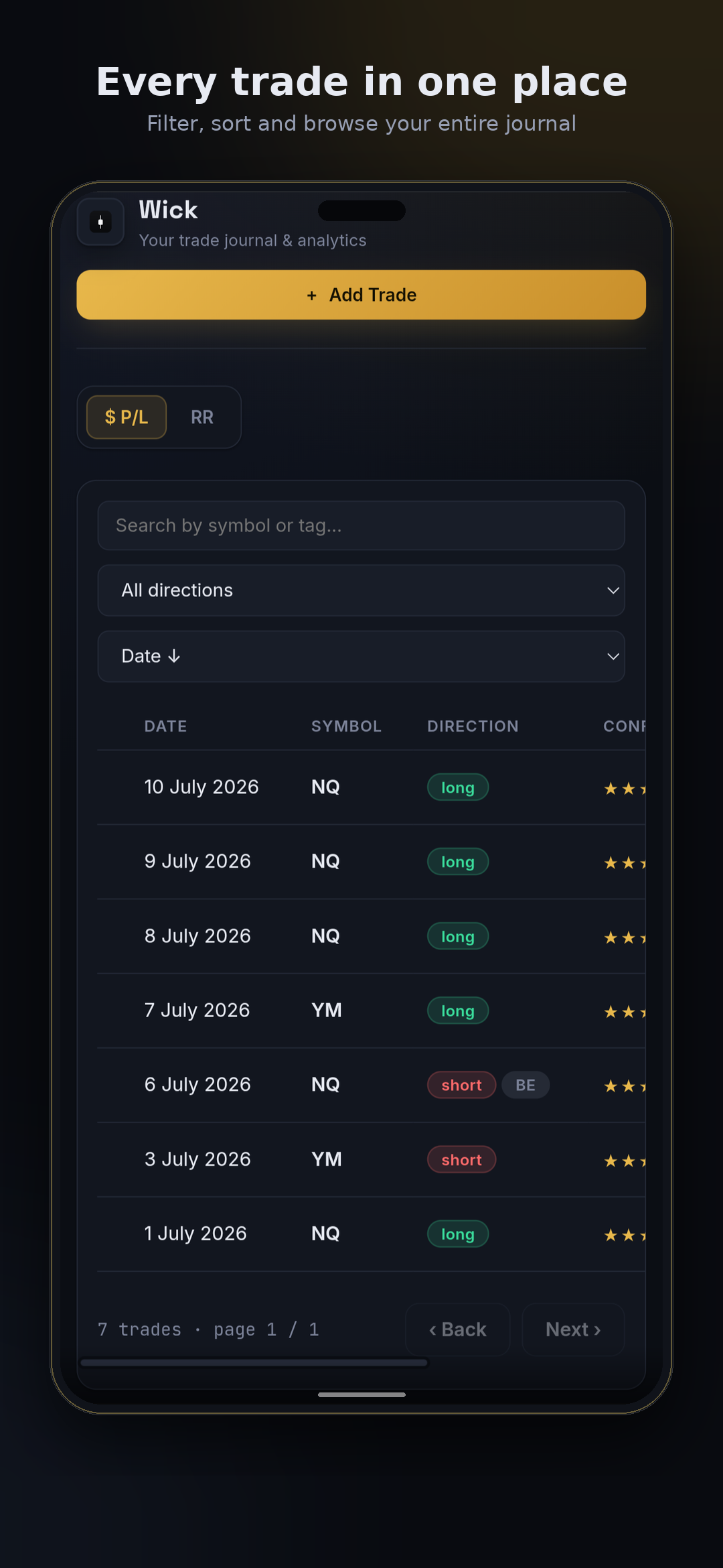 Wick trades list screen